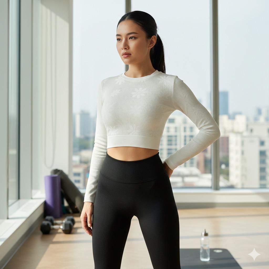 Cider White Daisy Pattern Ribbed Long Sleeve Thermal Crop Top S
